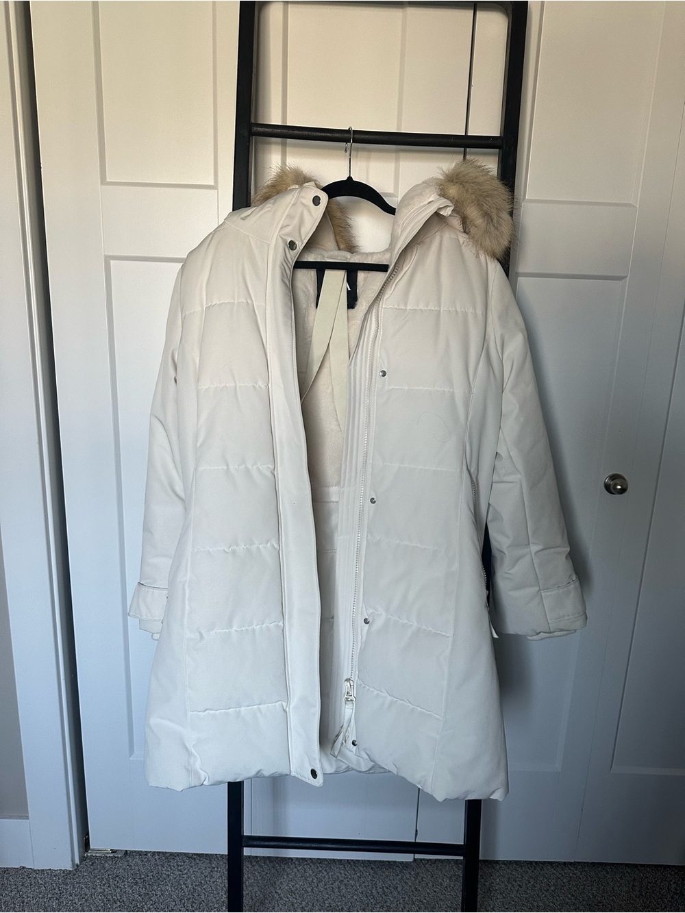 Zara Cream Hooded Puffer Coat with Faux Fur Trim